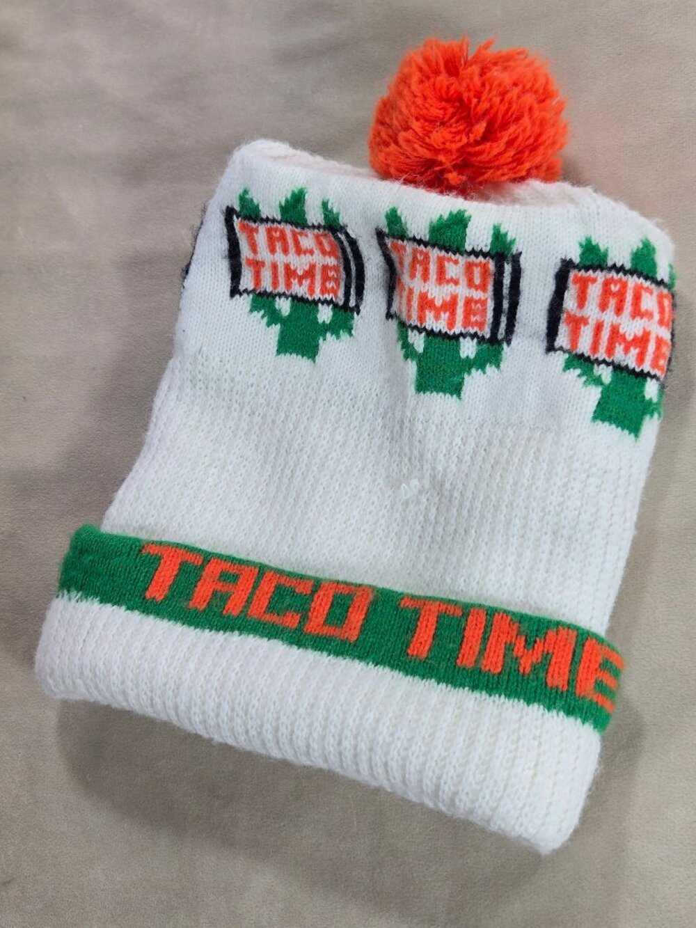 Vintage Taco Time Fast Food Promo Knit Pom Beanie Hat White Orange Green 80s